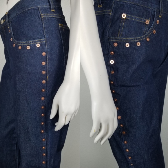 Vintage Y2K 90s Dark Wash High Rise Wide Leg Jean with Studded Grommets Sz 11/12 - Picture 3 of 12